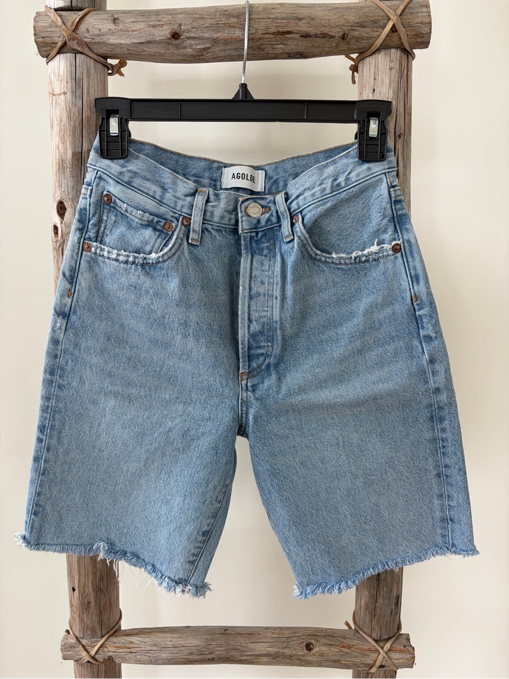 Agolde Light Blue High-Rise Raw-Hem Denim Shorts